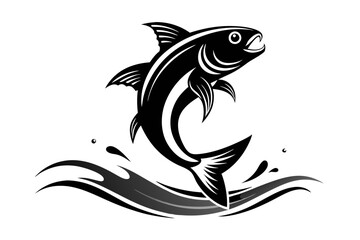 Black silhouette A fish jumping out of the water ripple vector art illustration with splash white background