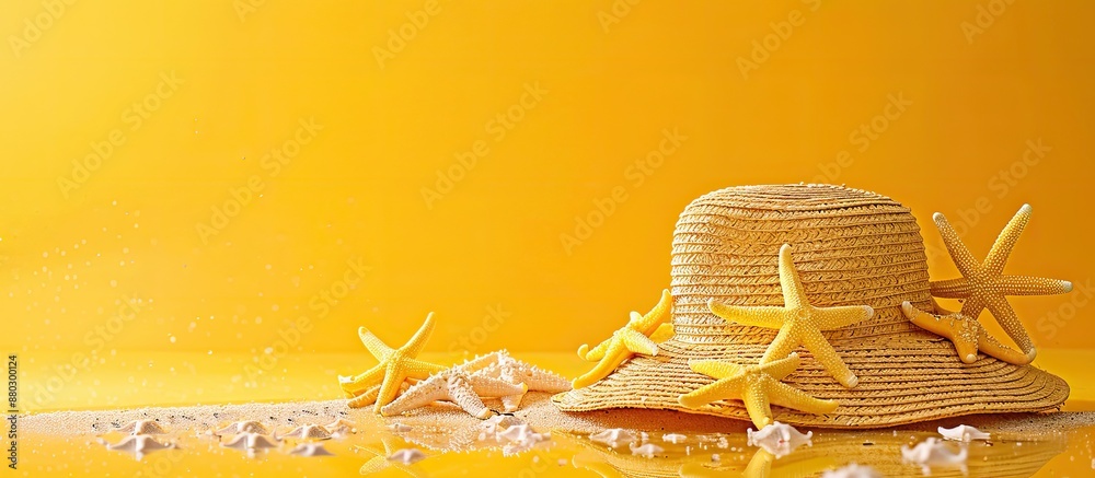 Poster straw hat adorned with sea stars placed on a table with a bright yellow backdrop, perfect for a beac