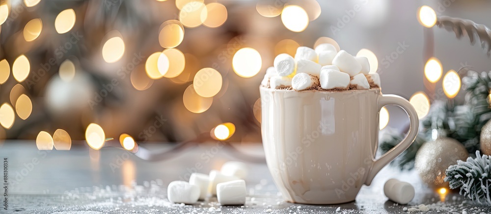Poster Christmas-themed hot chocolate with marshmallows showcased in the foreground with a blurry background, perfect for adding text or logos in the copy space image.
