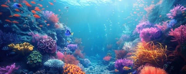 Naklejka premium A serene underwater world with vibrant coral reefs and colorful fish.