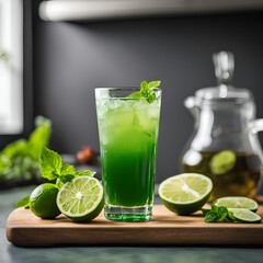 A glass of detox water with lemon in the kitchen