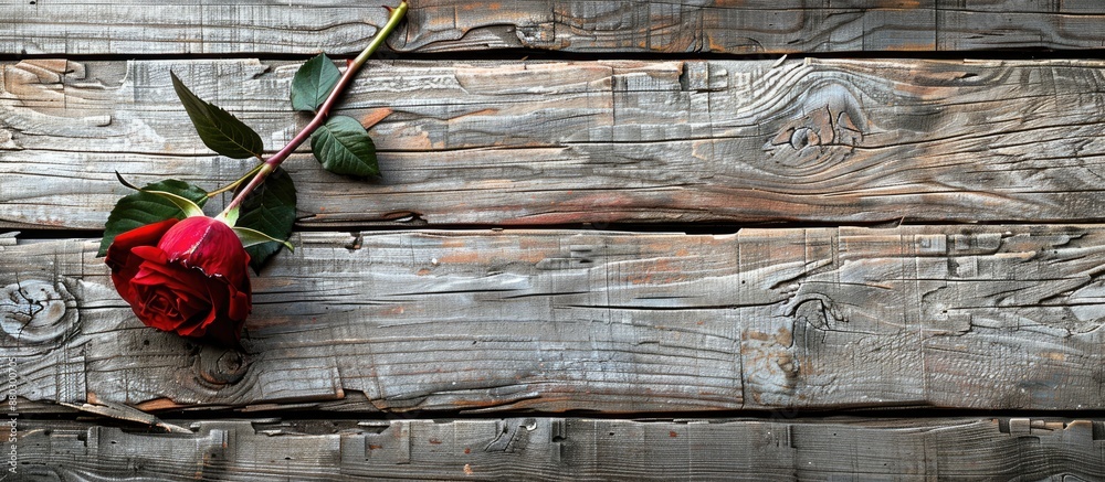 Poster Valentine's Day-themed background with a solitary red rose placed on a wooden surface, creating an aesthetically pleasing composition with ample copy space image.