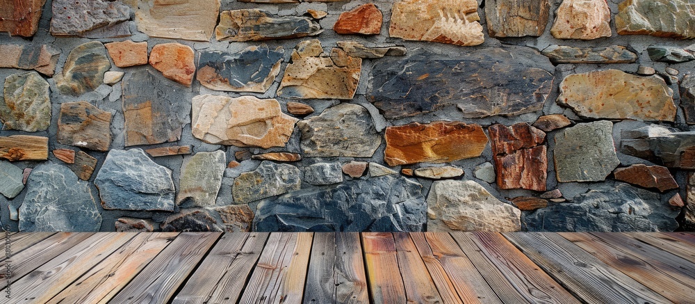 Poster backgrounds featuring a wooden floor and a stone wall with copy space image.