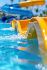 Close up of orange water slide in the swimming pool at a summer hotel resort on a sunny day. Summer vacation for families or friends with kids and young people