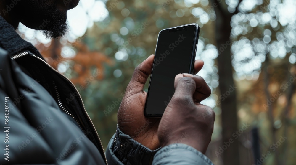 Poster a person holding a smartphone in his hand, possibly using it or checking something