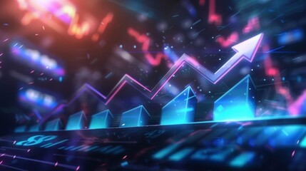 Business scene featuring a professional touching a holographic financial chart with a glowing blue line graph The chart displays an upward trend