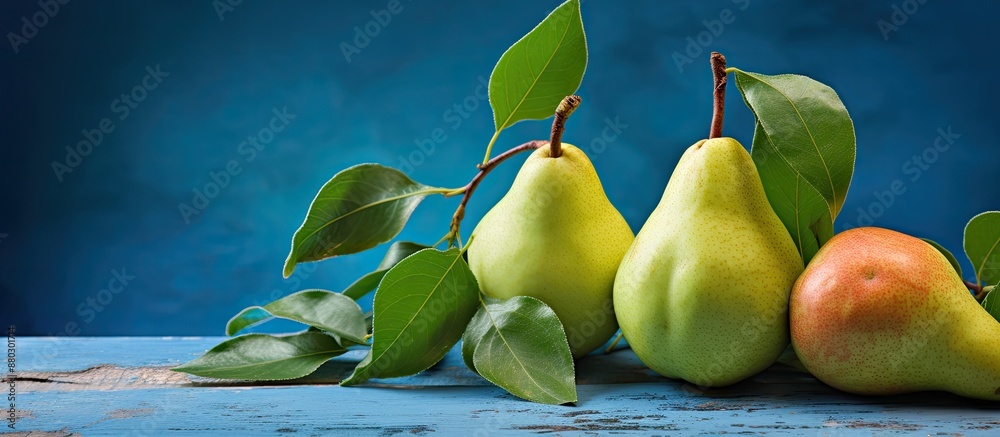 Poster fresh pears and leaves are set against a blue backdrop, ideal for a 