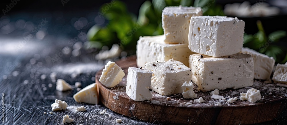 Poster delicious feta cheese arranged against a dark background in a copy space image.