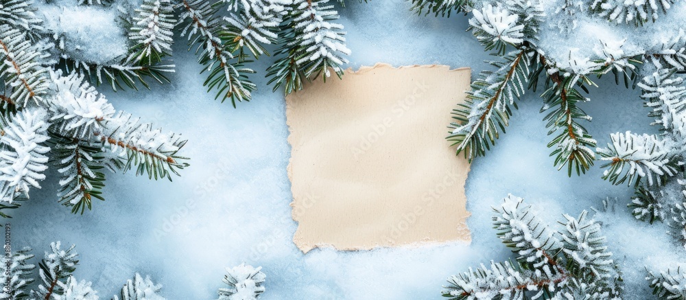 Fototapete A flat lay of snow-covered Christmas tree branches with a paper note, creating a Nature New Year concept with copy space image.