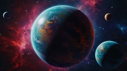 Obraz premium Crowded space view full of planets and stars in random orbits, endless space with colorful design