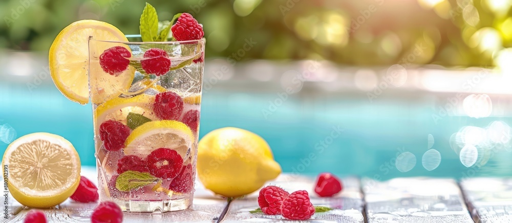 Poster Close-up photograph of a refreshing lemonade with raspberries placed on a white wooden table outdoors, ideal for adding text with copy space image.