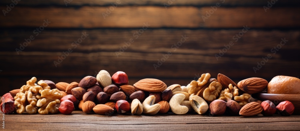 Poster Assorted nuts like cashews, almonds, and pecans displayed on a wooden table with a blank space for inserting an image.
