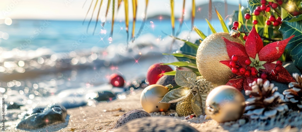 Poster festive decorations on a tropical stone beach with ocean backdrop. copy space image available.