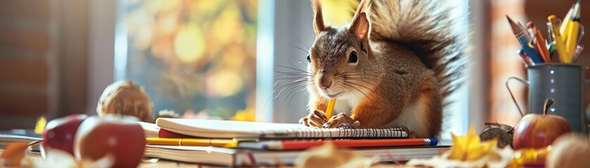 A squirrel sits at a desk with books and pencils, looking inquisitive.