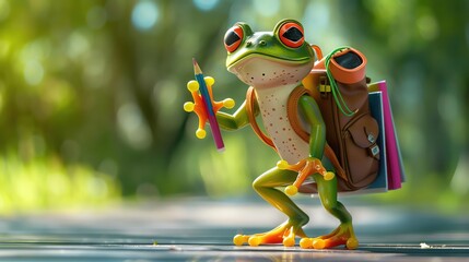 Cartoon frog with backpack and pencil, ready for school.