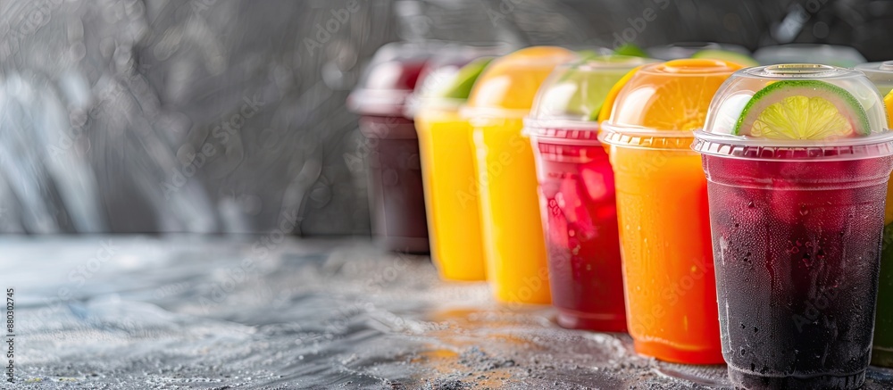 Poster variety of colorful fruit juices in a to-go plastic cup with a copy space image available.