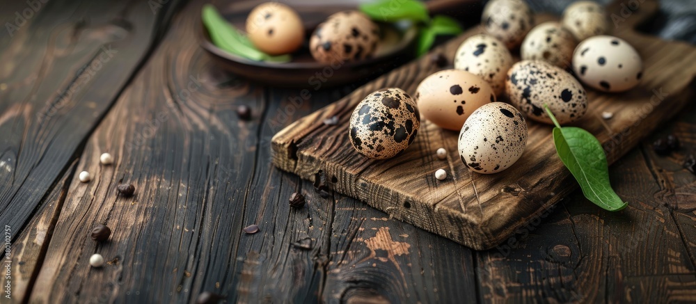 Poster Quail eggs displayed on rustic wooden boards with a clear section for additional content in the image.