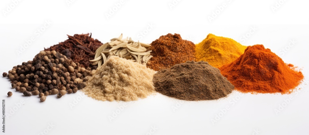 Aufkleber Various spices arranged with blank space for text on a white background for product showcasing or advertisement purposes.