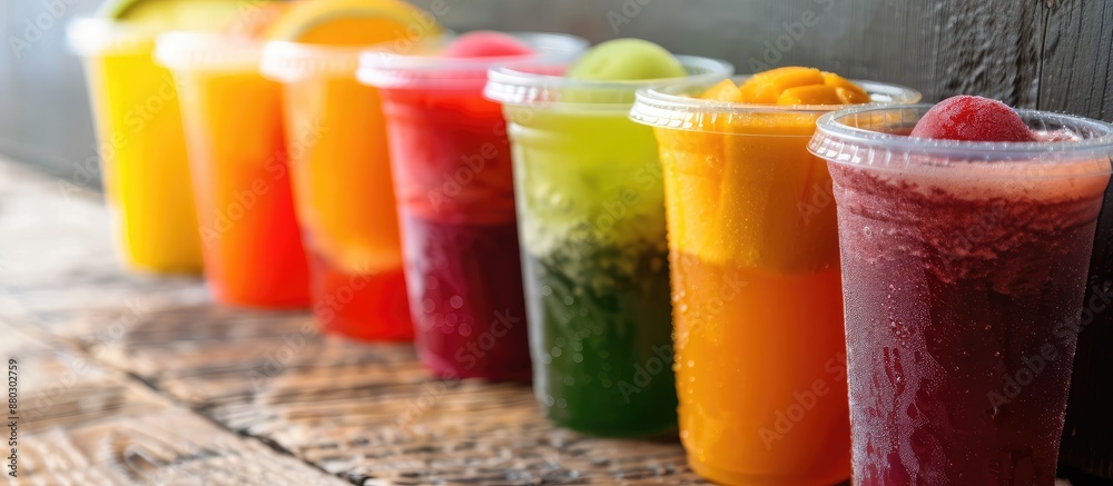 Poster variety of colorful fruit juices in a to-go plastic cup with a copy space image available.