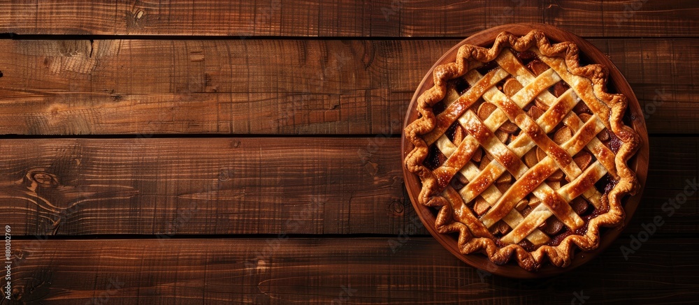Poster Apple pie resting on a wooden table in a flat lay view with copy space image.