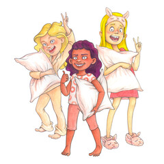 Watercolor arrangement with pre-teen girls in pajamas and loungewear with pillows for T-shirt design, pajama day decor or printing.