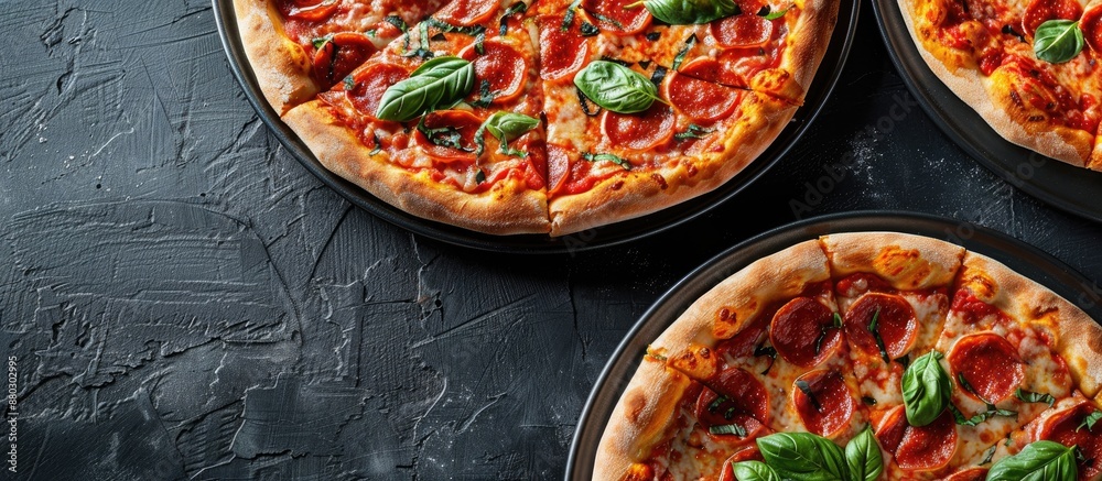 Poster High-resolution photo featuring two pizzas on a pan with copy space image available.