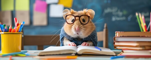 Cute hamster wearing glasses and a blue shirt, reading a book at a desk
