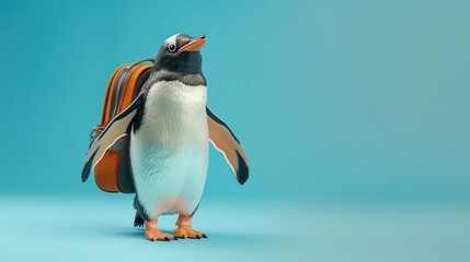 Cute penguin with a backpack standing on a blue background.
