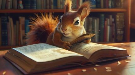 Cute squirrel reading a book in a library