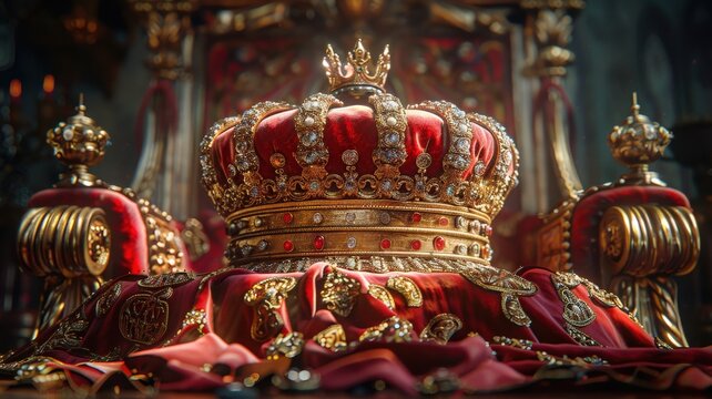 The grandeur and opulence of a royal crown adorned with jewels placed majestically on a velvet cushion exemplifying regal splendor and heritageRoyalty