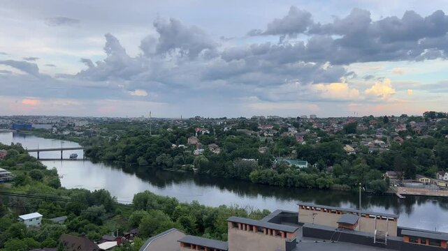  View of Southern Buh river and beautiful sky with clouds, Vinnytsia, Ukraine