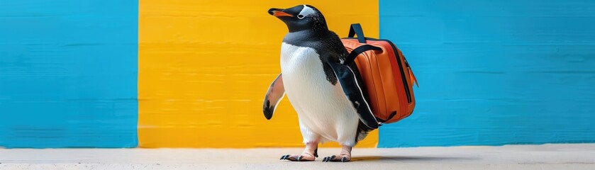 A penguin wearing a red backpack standing in front of a blue and yellow wall.