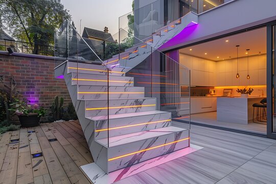 White marble L-shape floating neon stairs with RGB LED stripe light under tread staircase, tempered glass panel balustrades in a stylish patio, modern interior design with hardwood floor,