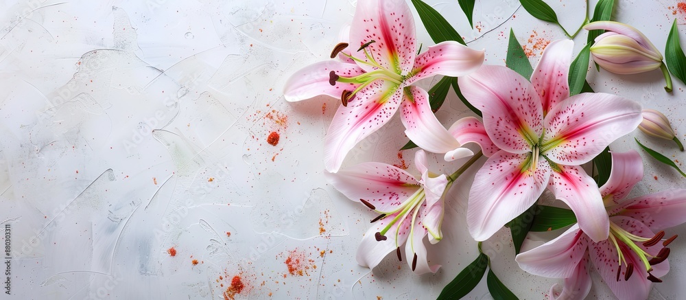 Aufkleber a floral arrangement featuring lilies on a white table with copy space for text, emphasizing the flo