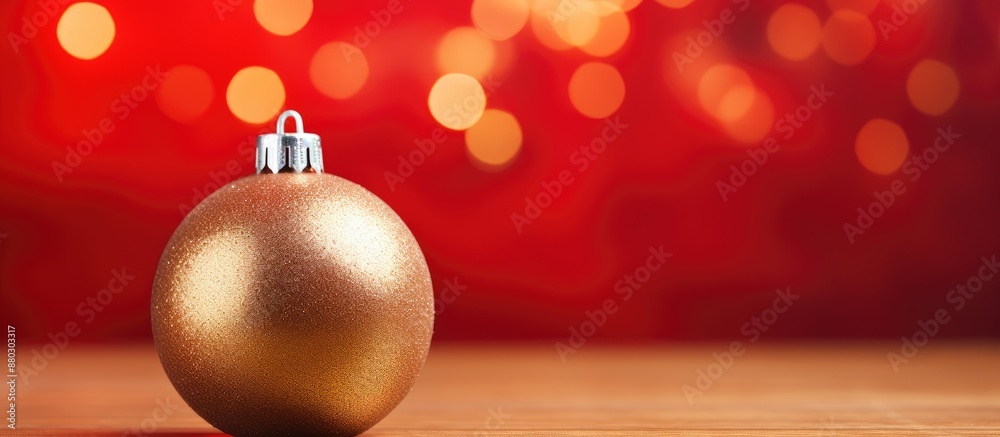Poster close-up view of a red christmas ornament against a golden backdrop with copy space image available.