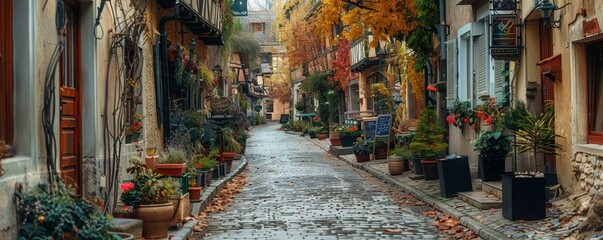 Fototapeta premium A quaint cobblestone street lined with charming shops, cafes, and old-fashioned buildings.