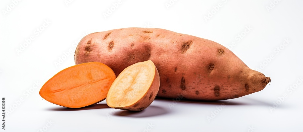 Poster isolated on the white backdrop, a fresh sweet potato is displayed with a clear area providing room f
