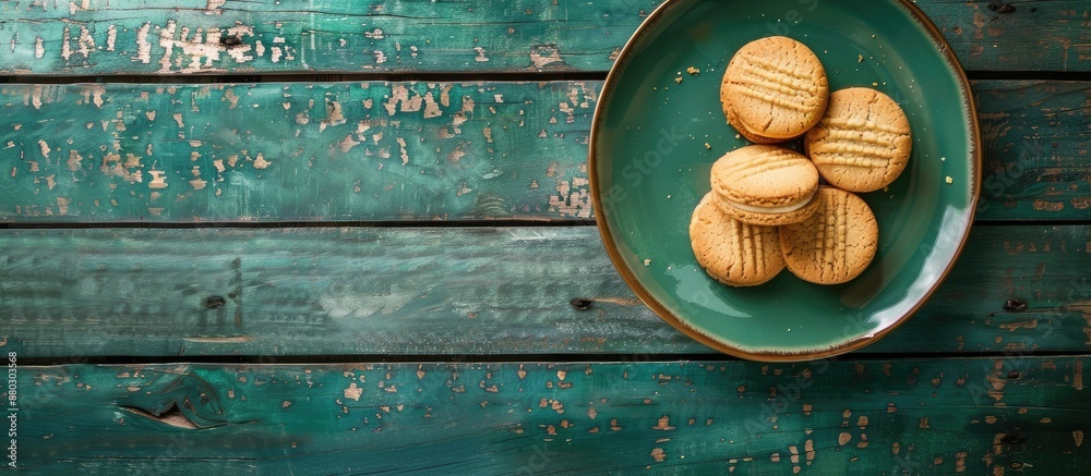 Poster a plate of sandwich cookies with filling set on an aged green wooden backdrop, captured from above t
