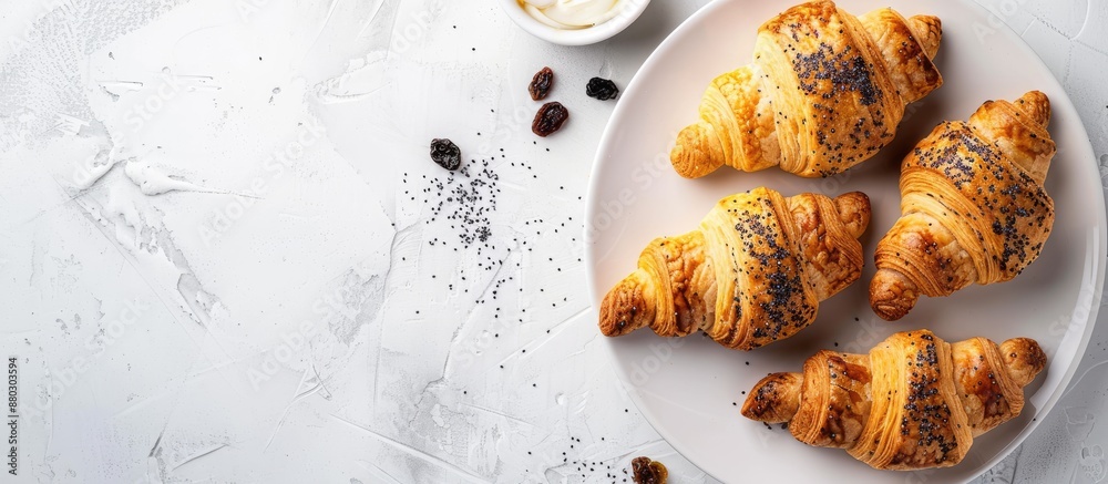 Poster Pastries filled with poppy seeds and raisins displayed on a white backdrop with copy space image.