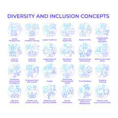 Diversity and inclusion blue gradient concept icons. Gender identity and equality. Social inclusion. Everyone matters. Icon pack. Vector images. Round shape illustrations. Abstract idea
