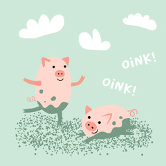 Funny piglets in the mud on a blue background. A little pig. Vector illustration set.