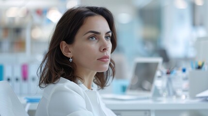 Profile view of a woman sitting at her office desk, appearing exhausted and stressed, with a soft-focus background of office supplies and technology.