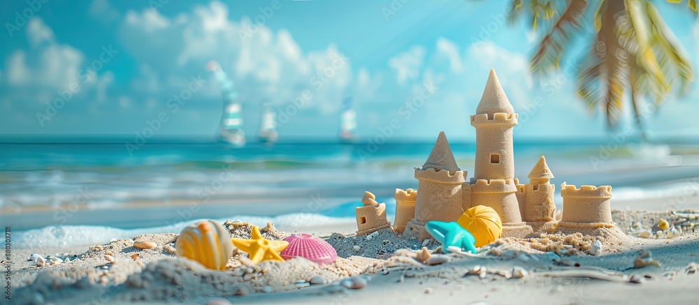 Sticker Sand castles and plastic toys placed on the beach near the sea, creating a picturesque scene with copy space image available.