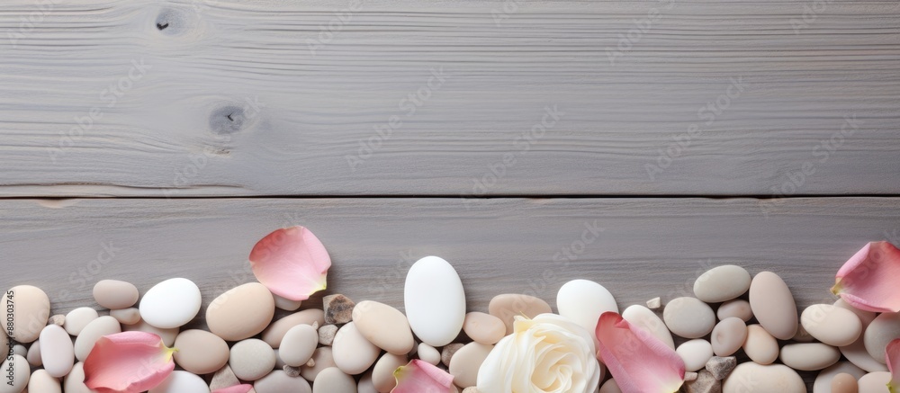 Poster spa-themed background with sea pebbles and rose petals on a neutral mat with copy space image.