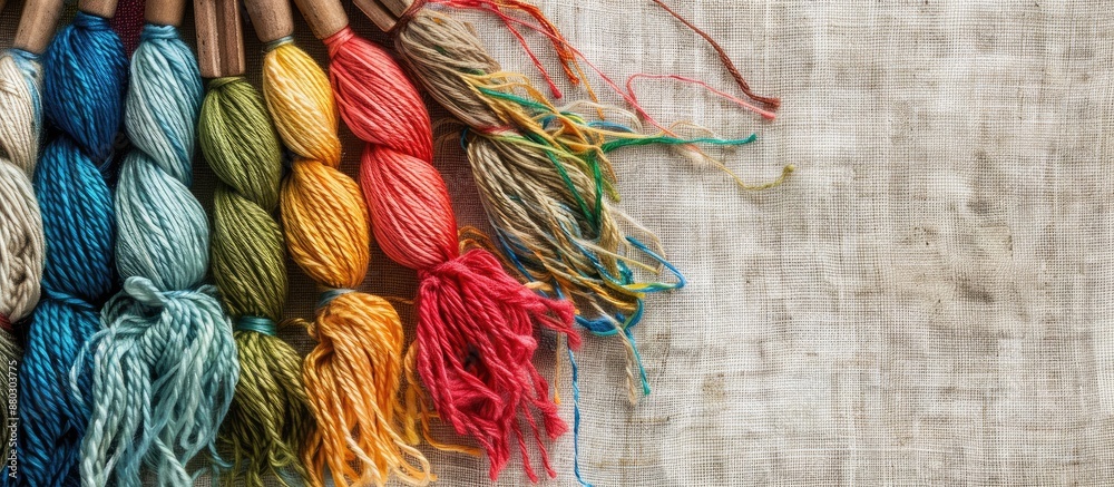 Poster Embroidery kit with colorful threads and canvas background for stitching, with room for a copy space image.