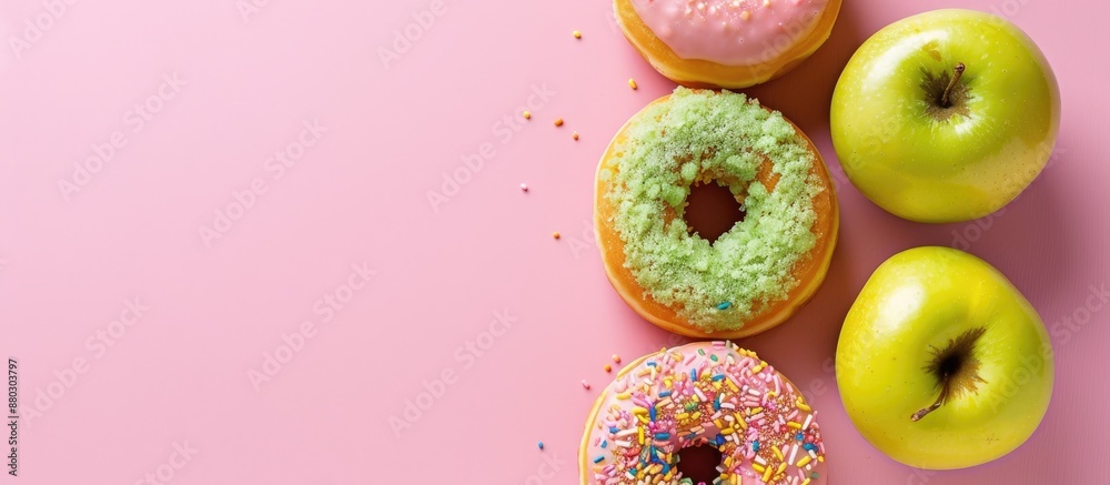 Aufkleber close-up image of delicious donuts and a crisp green apple on a pink backdrop hinting at healthy eat