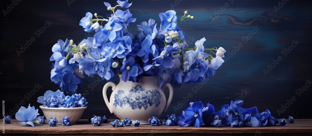 Poster A beautiful display of blue flowers arranged on the table with a blank space for additional imagery in the picture.