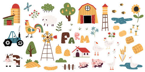 A collection of hand-drawn children's elements about the farm. Vector hand drawn characters of domestic animals, countryside, houses and barns with tractor and garden. © Iryna Kuzmych