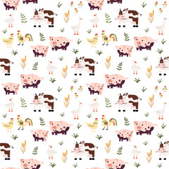 Farm seamless pattern. Vector funny hand drawn characters of domestic animals, countryside, houses and barns, tractor. Print for clothes, wallpaper, scrapbooking.