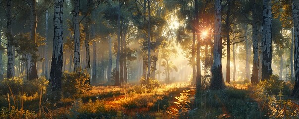 Fototapeta premium A photorealistic image of a tranquil forest bathed in the warm glow of the setting sun, casting long shadows through the trees.
